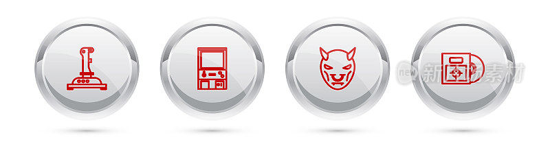 Set line Joystick for arcade machine, Retro game, Mask of the devil with horns and CD DVD disk box. Silver circle button. Vector